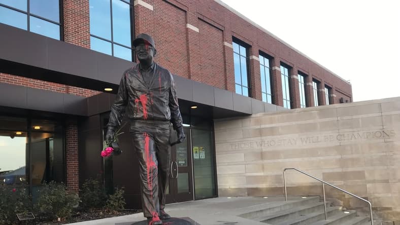 The statue of Bo Schembechler on the University of Michigan's campus was vandalized with paint and a message of support for survivors of Robert Anderson's abuse in front of the football building on the University of Michigan campus in Ann Arbor Wednesday, Nov. 24, 2021.
Img 1842