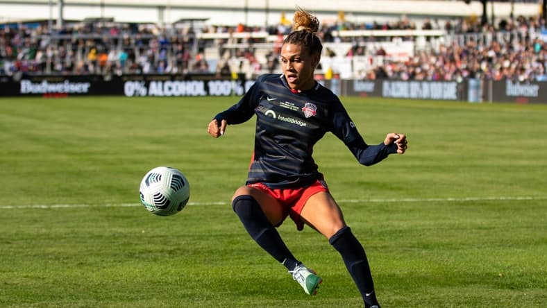 Nov 20, 2021; Louisville, Kentucky, USA; Washington Spirit forward Trinity Rodman (2) plays on the ball during the NWSL Championship match against the Chicago Red Stars at Lynn Family Stadium. Mandatory Credit: Jordan Prather-USA TODAY Sports