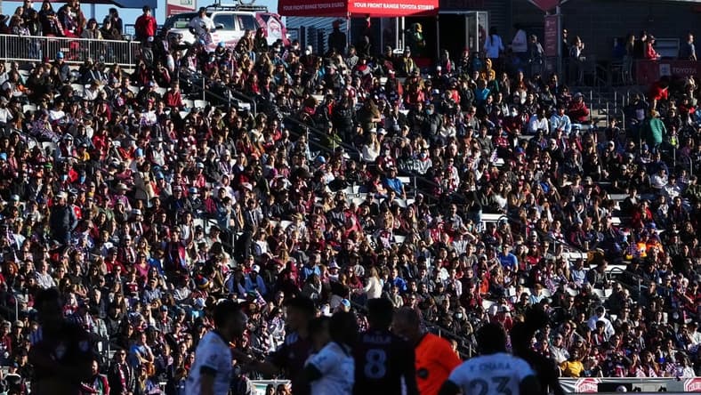 Nov 25, 2021; Commerce City, CO, USA; General view of Portland Timbers and Colorado Rapids fans in the stands during the playoff game at Dick's Sporting Goods Park. Mandatory Credit: Ron Chenoy-USA TODAY Sports
