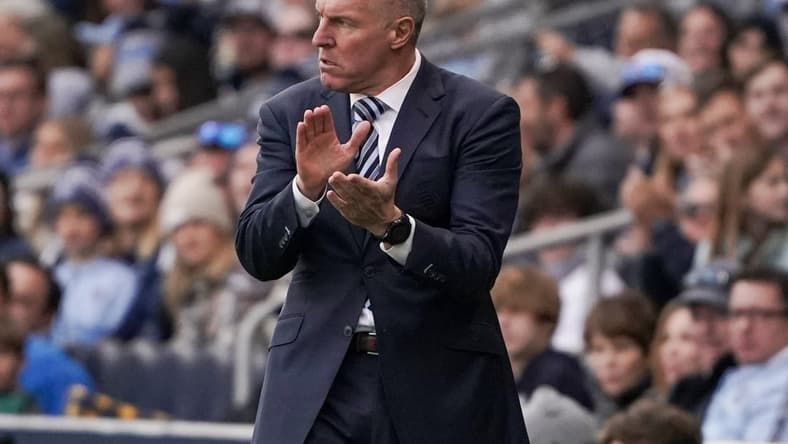 Nov 28, 2021; Kansas City, MO, USA; Sporting Kansas City head coach Peter Vermes reacts to play against Real Salt Lake in the conference semifinals of the 2021 MLS playoffs at Children's Mercy Park. Mandatory Credit: Denny Medley-USA TODAY Sports