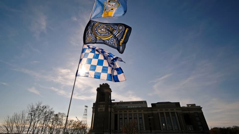 Dec 5, 2021; Chester, PA, USA; Flags supporting the Philadelphia Union are displayed outside the stadium before the Eastern Conference Finals of the 2021 MLS Playoffs against New York City FC at Subaru Park. Mandatory Credit: Bill Streicher-USA TODAY Sports