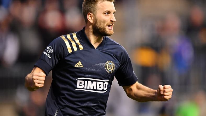 Dec 5, 2021; Chester, PA, USA; Philadelphia Union forward Kacper Przybylko (23) reacts after New York City FC defender Alexander Callens (not pictured) scored an own goal during the second half of the Eastern Conference Finals of the 2021 MLS Playoffs at Subaru Park. Mandatory Credit: Kyle Ross-USA TODAY Sports