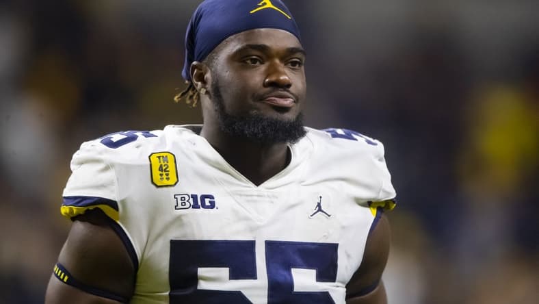 Dec 4, 2021; Indianapolis, IN, USA; Michigan Wolverines linebacker David Ojabo (55) against the Iowa Hawkeyes in the Big Ten Conference championship game at Lucas Oil Stadium. Mandatory Credit: Mark J. Rebilas-USA TODAY Sports