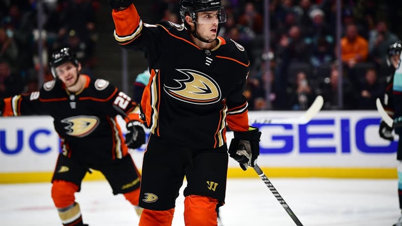 Dec 15, 2021; Anaheim, California, USA; Anaheim Ducks center Troy Terry (19) celebrates his power play goal scored against the Seattle Kraken during the second period at Honda Center. Mandatory Credit: Gary A. Vasquez-USA TODAY Sports