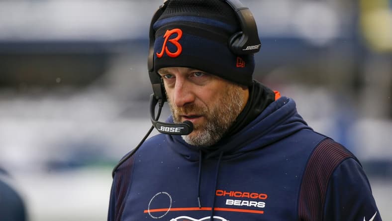 Dec 26, 2021; Seattle, Washington, USA; Chicago Bears head coach Matt Nagy stands on the sideline during the second quarter at Lumen Field. Mandatory Credit: Joe Nicholson-USA TODAY Sports
