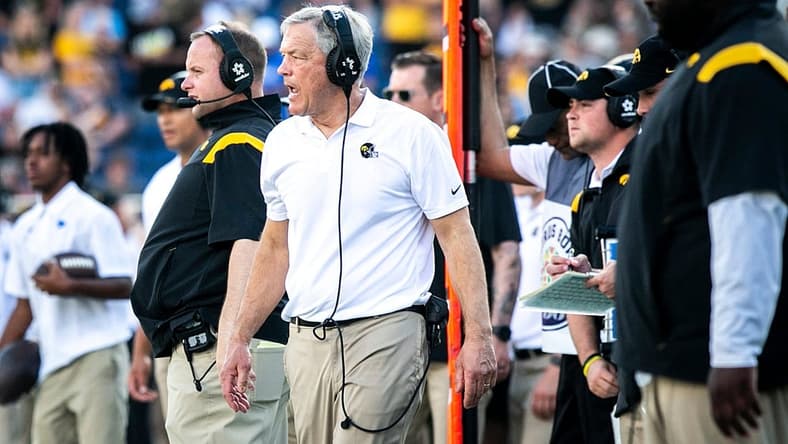 Iowa head coach Kirk Ferentz, center, reacts during a NCAA college football game in the Vrbo Citrus Bowl against Kentucky, Saturday, Jan. 1, 2022, at Camping World Stadium in Orlando, Fla.

211231 Iowa Kentucky Citrus Fb 038 Jpg