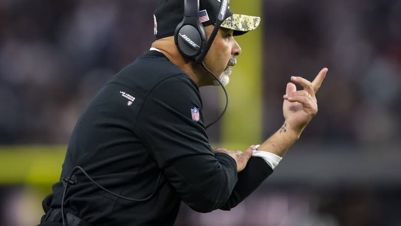 Nov 21, 2021; Paradise, Nevada, USA; Las Vegas Raiders interim head coach Rich Bisaccia against the Cincinnati Bengals at Allegiant Stadium. Mandatory Credit: Mark J. Rebilas-USA TODAY Sports
