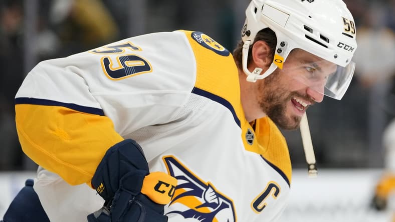 Jan 4, 2022; Las Vegas, Nevada, USA; Nashville Predators defenseman Roman Josi (59) warms up before a game against the Vegas Golden Knights at T-Mobile Arena. Mandatory Credit: Stephen R. Sylvanie-USA TODAY Sports