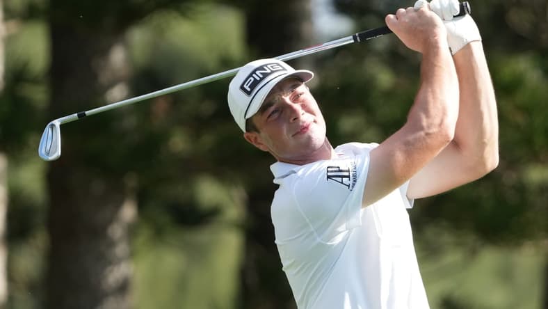 January 6, 2022; Maui, Hawaii, USA; Viktor Hovland hits his tee shot on the second hole during the first round of the Sentry Tournament of Champions golf tournament at Kapalua Resort - The Plantation Course. Mandatory Credit: Kyle Terada-USA TODAY Sports