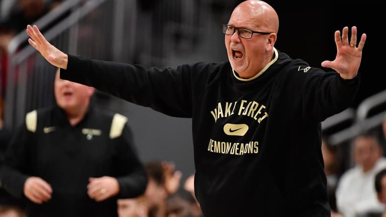 Dec 29, 2021; Louisville, Kentucky, USA;  Wake Forest Demon Deacons head coach Steve Forbes reacts during the second half against the Louisville Cardinals at KFC Yum! Center. Louisville defeated Wake Forest 73-69. Mandatory Credit: Jamie Rhodes-USA TODAY Sports