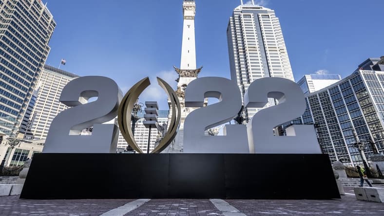 Jan 7, 2022; Indianapolis, Indiana, USA; A large 2022 College Football Playoff national championship logo is in place on monument circle. Mandatory Credit: Marc Lebryk-USA TODAY Sports