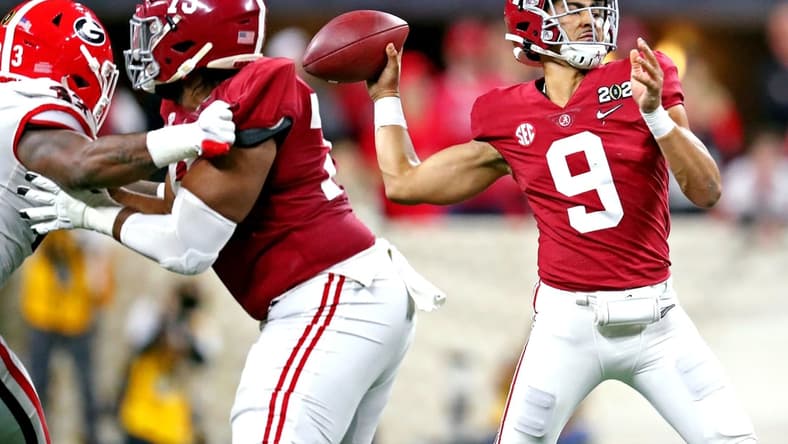 Jan 10, 2022; Indianapolis, IN, USA; Alabama Crimson Tide quarterback Bryce Young (9) throws a pass during the fourth quarter after the game in the 2022 CFP college football national championship game at Lucas Oil Stadium. Mandatory Credit: Mark J. Rebilas-USA TODAY Sports