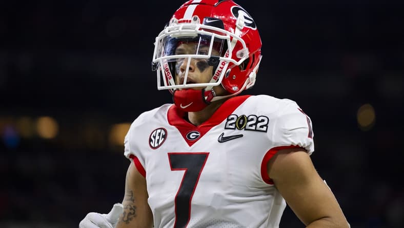 Jan 10, 2022; Indianapolis, IN, USA; Georgia Bulldogs wide receiver Jermaine Burton (7) against the Alabama Crimson Tide in the 2022 CFP college football national championship game at Lucas Oil Stadium. Mandatory Credit: Mark J. Rebilas-USA TODAY Sports