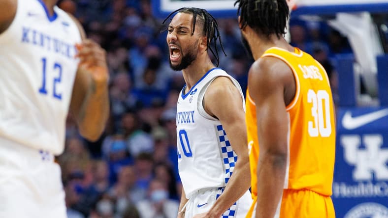 Jan 15, 2022; Lexington, Kentucky, USA; Kentucky Wildcats guard Davion Mintz (10) celebrates during the first half against the Tennessee Volunteers at Rupp Arena at Central Bank Center. Mandatory Credit: Jordan Prather-USA TODAY Sports