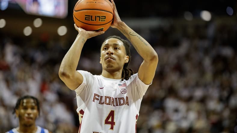 Florida State Seminoles guard Caleb Mills (4) shoots a free throw. The Florida State Seminoles defeated the Duke Blue Devils 79-78 in overtime at the Donald L. Tucker Civic Center on Tuesday, Jan. 18, 2022.

Fsu V Duke Second Half1062