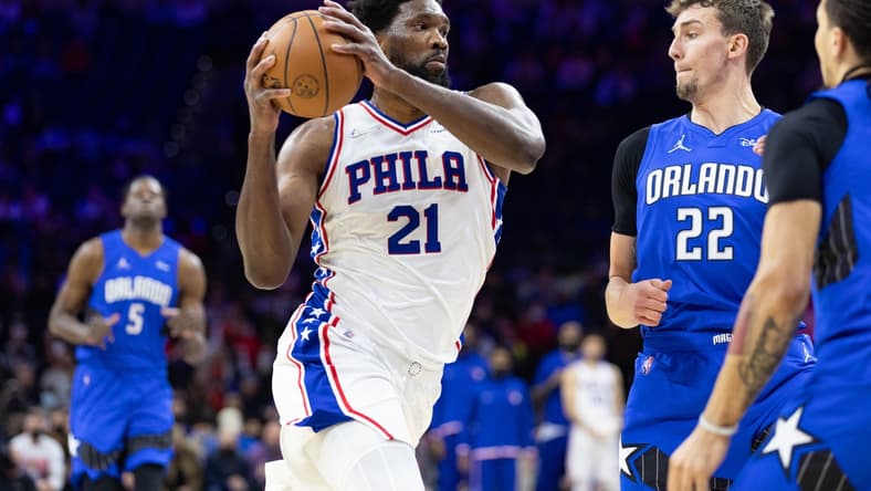 Jan 19, 2022; Philadelphia, Pennsylvania, USA; Philadelphia 76ers center Joel Embiid (21) drives against Orlando Magic forward Franz Wagner (22) during the first quarter at Wells Fargo Center. Mandatory Credit: Bill Streicher-USA TODAY Sports