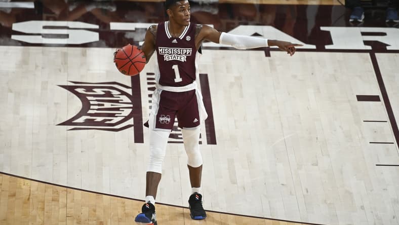 Jan 22, 2022; Starkville, Mississippi, USA; Mississippi State Bulldogs guard Iverson Molinar (1) points across the court during the first half of the game against the Mississippi Rebels at Humphrey Coliseum. Mandatory Credit: Matt Bush-USA TODAY Sports
