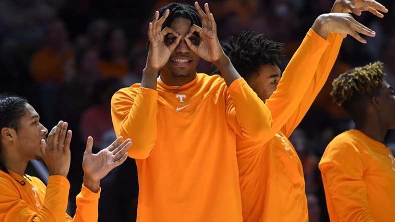 Players celebrate a three point shot during a basketball game between Tennessee and LSU at Thompson-Boling Arena in Knoxville, Tenn., on Saturday, Jan. 22, 2022. Tennessee defeated LSU 64-50.
Tennesseelsu0122 1194