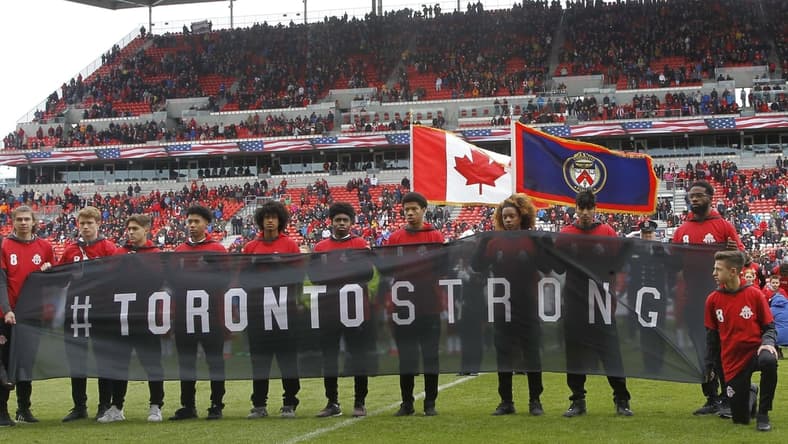 Apr 28, 2018; Toronto, Ontario, CAN; A Toronto Strong banner is held up before a game between the Chicago Fire and Toronto FC at BMO Field. Toronto and Chicago tied. Mandatory Credit: John E. Sokolowski-USA TODAY Sports