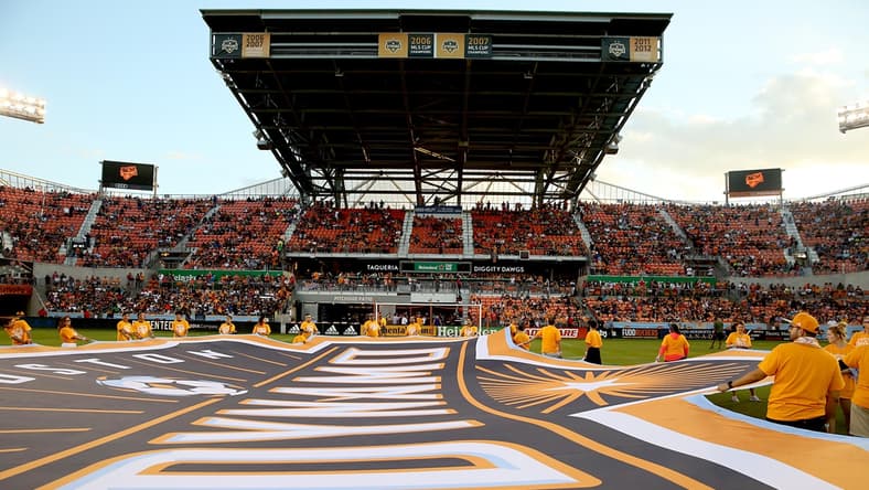 May 5, 2018; Houston, TX, USA; A giant Dynamo logo is laid on the pitch before the Los Angeles Galaxy play the Houston Dynamo in the first half at BBVA Compass Stadium. Mandatory Credit: Thomas B. Shea-USA TODAY Sports