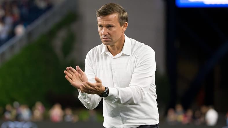 Jun 2, 2018; Foxborough, MA, USA; New York Red Bulls coach Jesse Marsch during the second half of New England's 2-1 win over the New York Red Bulls at Gillette Stadium. Mandatory Credit: Winslow Townson-USA TODAY Sports