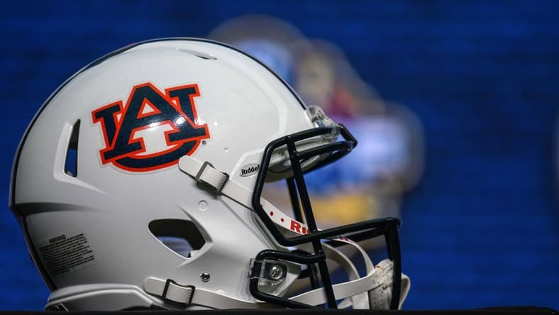 Jul 19, 2018; Atlanta, GA, USA; An Auburn Tigers helmet shown on the main stage coach  during SEC football media day at the College Football Hall of Fame. Mandatory Credit: Dale Zanine-USA TODAY Sports