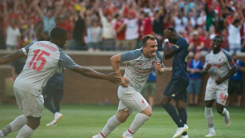 Jul 28, 2018; Ann Arbor, MI, USA; Liverpool player Xherdan Shaqiri celebrates scoring against Manchester United during an International Champions Cup soccer match at Michigan Stadium. Mandatory Credit: Cameron Pollack/Detroit Free Press via USA TODAY Sports