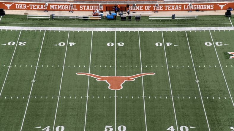 Sep 15, 2018; Austin, TX, USA; General overall view of the Texas Longhorns logo at midfield at Darrell K Royal-Texas Memorial Stadium. Mandatory Credit: Kirby Lee-USA TODAY Sports