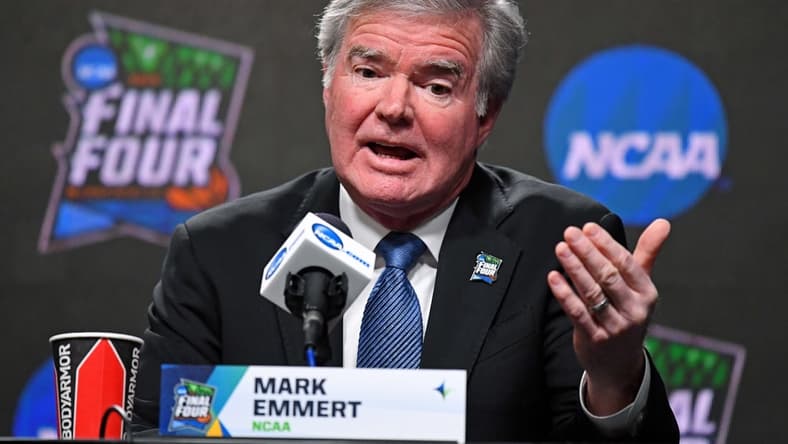 Apr 4, 2019; Minneapolis, MN, USA; NCAA president Mark Emmert speaks during a press conference at U.S. Bank Stadium. Mandatory Credit: Robert Deutsch-USA TODAY Sports