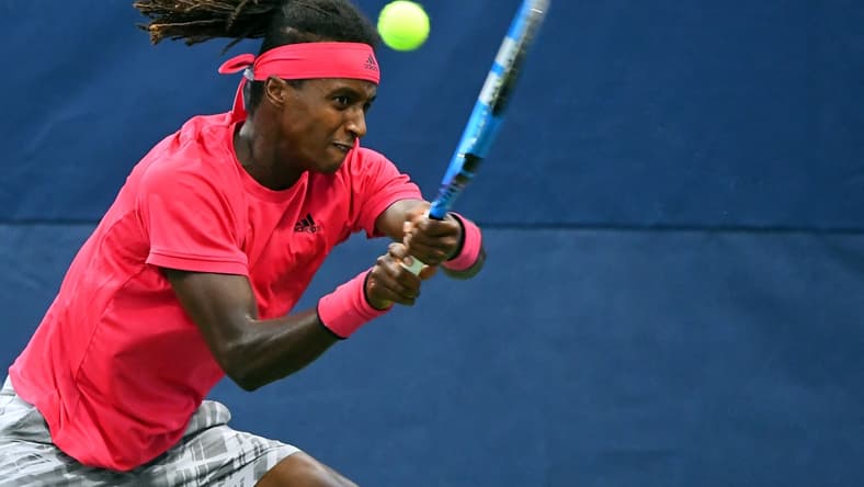 Aug 31, 2020; Flushing Meadows, New York, USA; Mikael Ymer (SWE) hits the ball against Filip Krajinovic (SRB) on day one of the 2020 U.S. Open tennis tournament at USTA Billie Jean King National Tennis Center. Mandatory Credit: Robert Deutsch-USA TODAY Sports