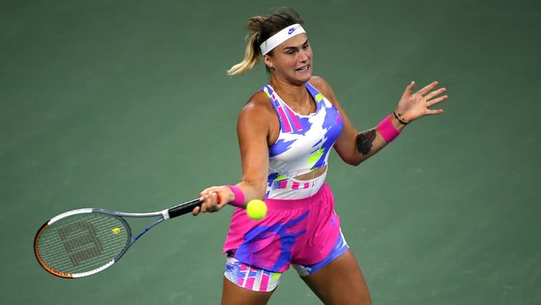 Sep 3, 2020; Flushing Meadows, New York, USA; Aryna Sabalenka of Belarus hits the ball against Victoria Azarenka of Belarus on day four of the 2020 U.S. Open tennis tournament at USTA Billie Jean King National Tennis Center. Mandatory Credit: Robert Deutsch-USA TODAY Sports
