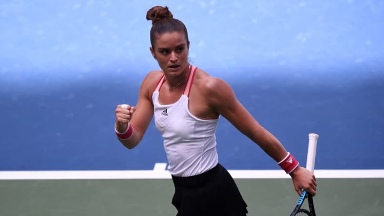 Sep 7, 2020; Flushing Meadows, New York, USA; Maria Sakkari of Greece reacts after winning a point against Serena Williams of the United States (not pictured) on day eight of the 2020 U.S. Open tennis tournament at USTA Billie Jean King National Tennis Center. (Mandatory Credit: Danielle Parhizkaran-USA TODAY Sports