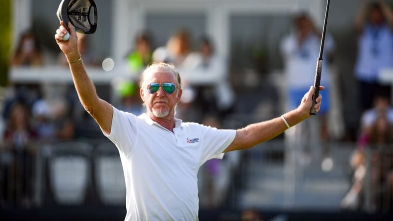 Miguel Angel Jimenez raises his arms after sinking his final putt and winning the Sanford International on Sunday, September 13, at the Minnehaha Country Club in Sioux Falls.
Sanford Intl Day 3 020
