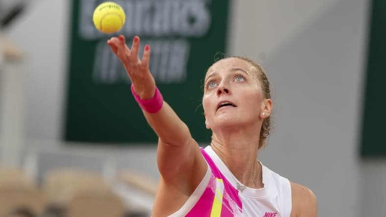 Oct 8, 2020; Paris, France; Petra Kvitova (CZE) in action during her match against Sofia Kenin (USA) on day 12 at Stade Roland Garros. Mandatory Credit: Susan Mullane-USA TODAY Sports