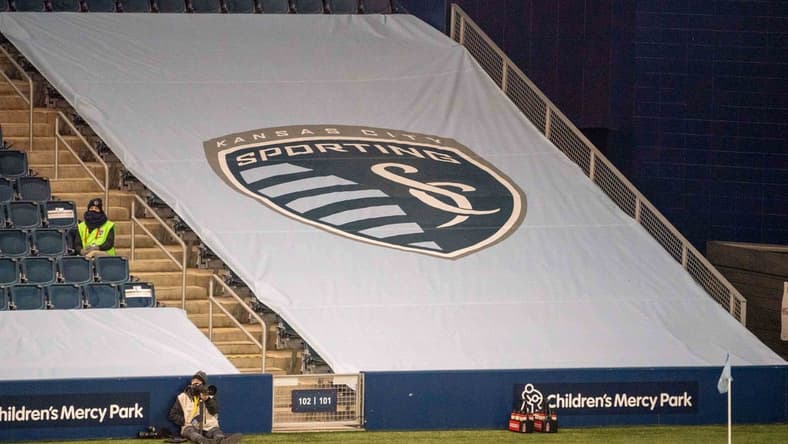 Dec 3, 2020; Kansas City, Kansas, USA; A general view of the Sporting Kansas City logo blocking a seating section during the game against Minnesota United at Children's Mercy Park. Mandatory Credit: Denny Medley-USA TODAY Sports
