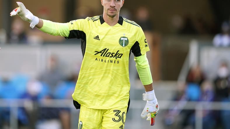 May 15, 2021; San Jose, California, USA; Portland Timbers goalkeeper Logan Ketterer (30) gestures during the first half against the San Jose Earthquakes at PayPal Park. Mandatory Credit: Darren Yamashita-USA TODAY Sports