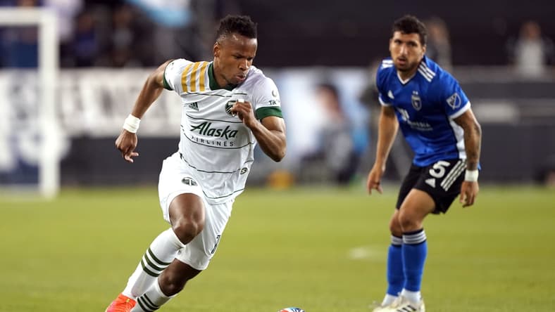 May 15, 2021; San Jose, California, USA; Portland Timbers forward Andy Polo (7) dribbles during the second half against the San Jose Earthquakes at PayPal Park. Mandatory Credit: Darren Yamashita-USA TODAY Sports