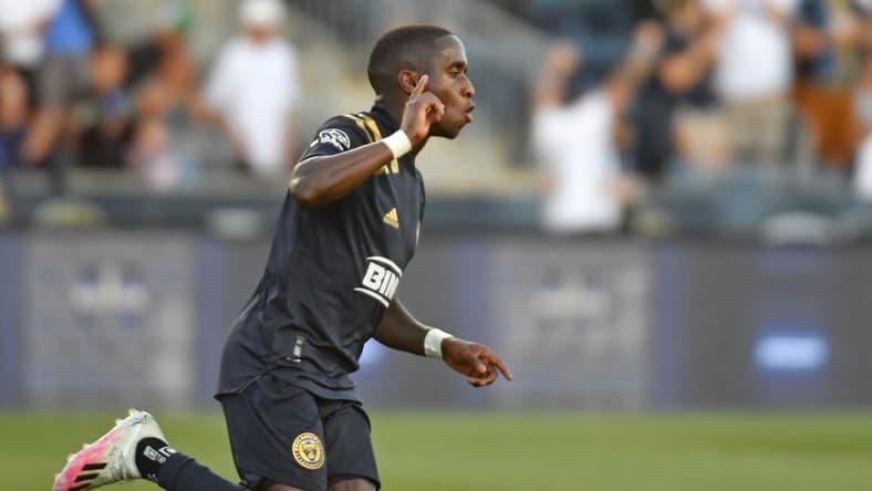 Jun 23, 2021; Chester, Pennsylvania, USA; Philadelphia Union midfielder Jamiro Monteiro (10) celebrates his goal against the Columbus Crew during the first half at Subaru Park . Mandatory Credit: Eric Hartline-USA TODAY Sports