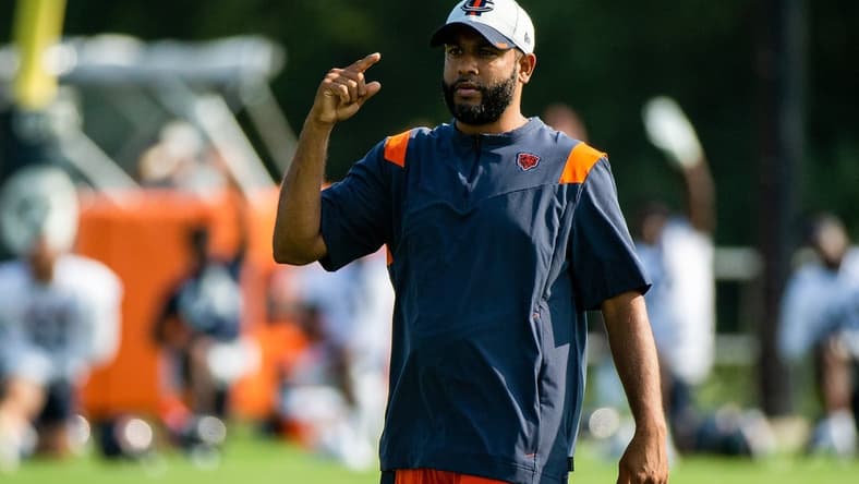 Jul 29, 2021; Lake Forest, IL, USA; Chicago Bears defensive coordinator Sean Desai gestures while walking on the field during a Chicago Bears training camp session at Halas Hall. Mandatory Credit: Jon Durr-USA TODAY Sports