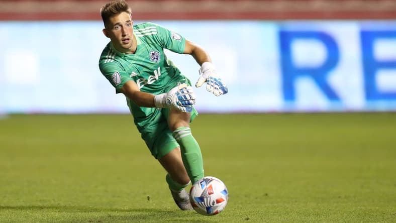 Jul 31, 2021; Sandy, Utah, USA; Vancouver Whitecaps goalkeeper Thomas Hasal (1) puts a ball into play against Minnesota United in the second half at Rio Tinto Stadium. Mandatory Credit: Rob Gray-USA TODAY Sports