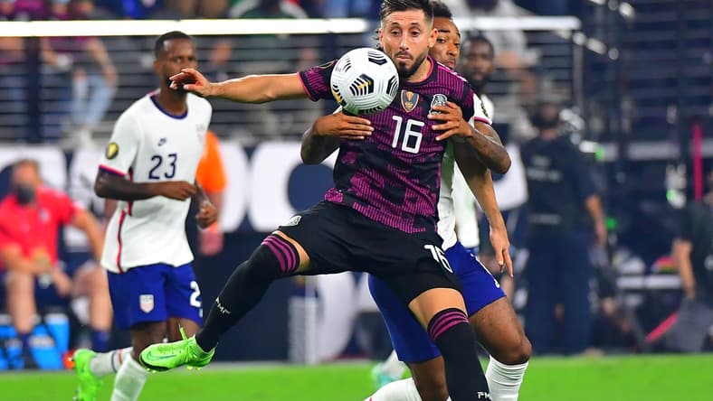 Aug 1, 2021; Las Vegas, Nevada, USA; Mexico midfielder Hector Herrera (16) looks to control a ball as USA midfielder Ginaluca Busio (6) defends on the play during the CONCACAF Gold Cup final soccer match at Allegiant Stadium. Mandatory Credit: Stephen R. Sylvanie-USA TODAY Sports