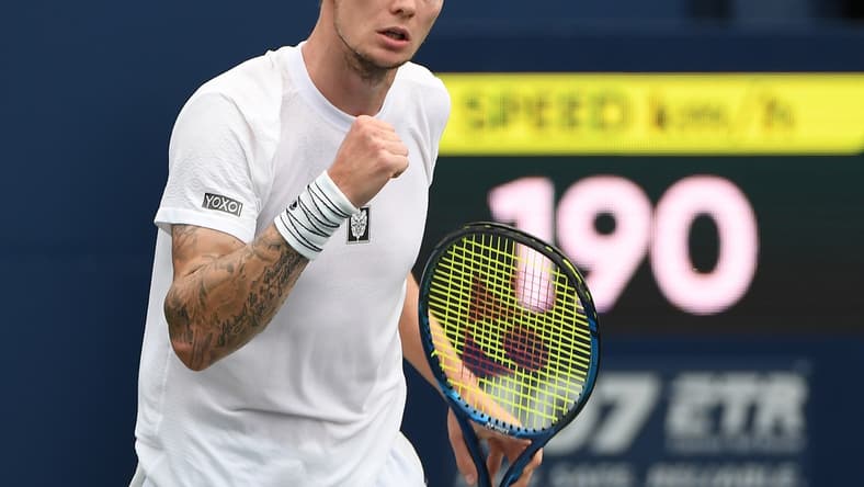 Aug 10, 2021; Toronto, Ontario, Canada; Alexander Bublik of Kazakhstan reacts after winning he first set against Daniil Medvedev of Russia in second round play in the National Bank Open at Aviva Centre. Mandatory Credit: Dan Hamilton-USA TODAY Sport