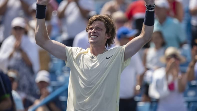Aug 20, 2021; Mason, OH, USA; Andrey Rublev (RUS) celebrates winning his match against Benoit Paire (FRA not pictured) during the Western and Southern Open at the Lindner Family Tennis Center. Mandatory Credit: Susan Mullane-USA TODAY Sports