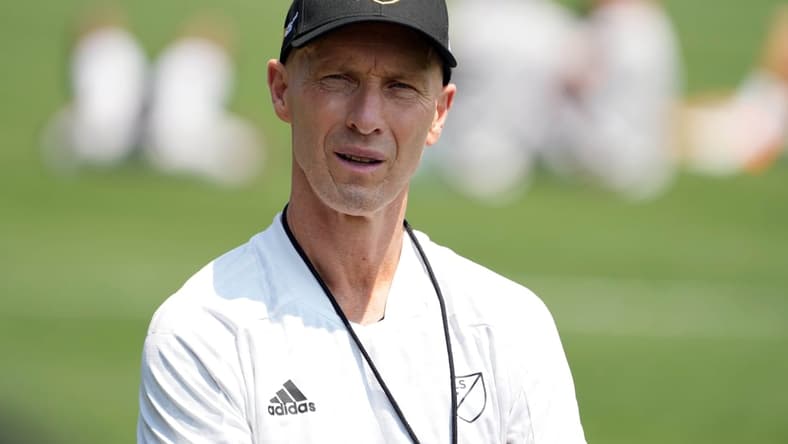 Aug 24, 2021; Los Angeles, CA, USA;  MLS All-Stars head coach Bob Bradley talks with the media following a practice at LAFC's Nectar Performance Center. Mandatory Credit: Kirby Lee-USA TODAY Sports