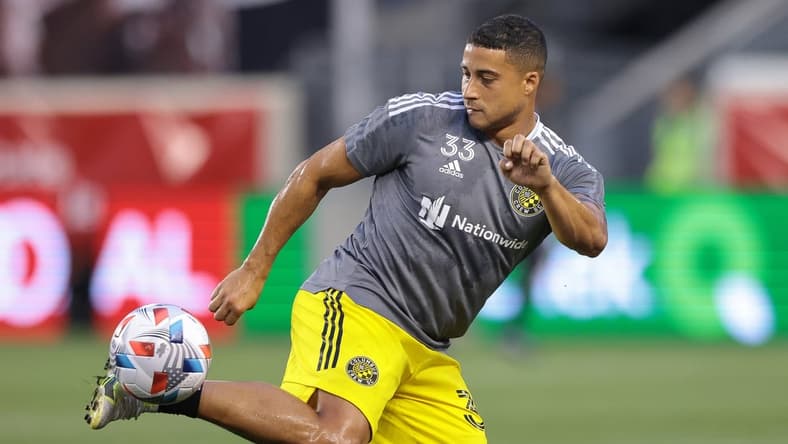 Aug 18, 2021; Harrison, New Jersey, USA; Columbus Crew forward Erik Hurtado (33) warms up before the game against the New York Red Bulls at Red Bull Arena. Mandatory Credit: Vincent Carchietta-USA TODAY Sports