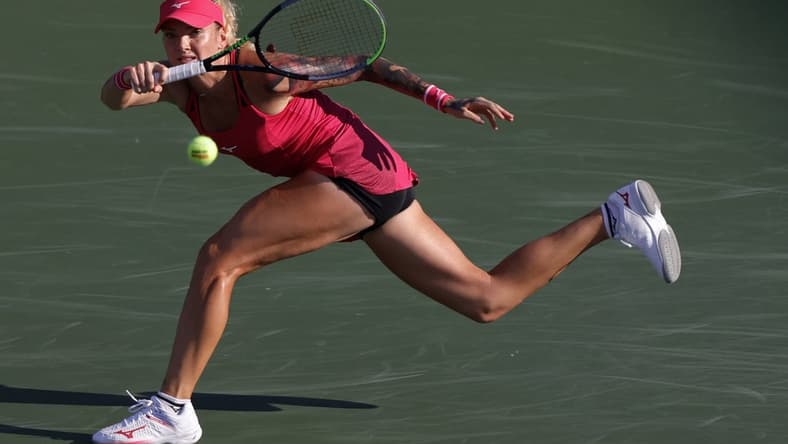 Aug 30, 2021; Flushing, NY, USA; Tereza Martincova (CZE) hits a forehand against Victoria Azarenka (BLR)(not pictured) on day one of the 2021 U.S. Open tennis tournament at USTA Billie King National Tennis Center. Mandatory Credit: Geoff Burke-USA TODAY Sports