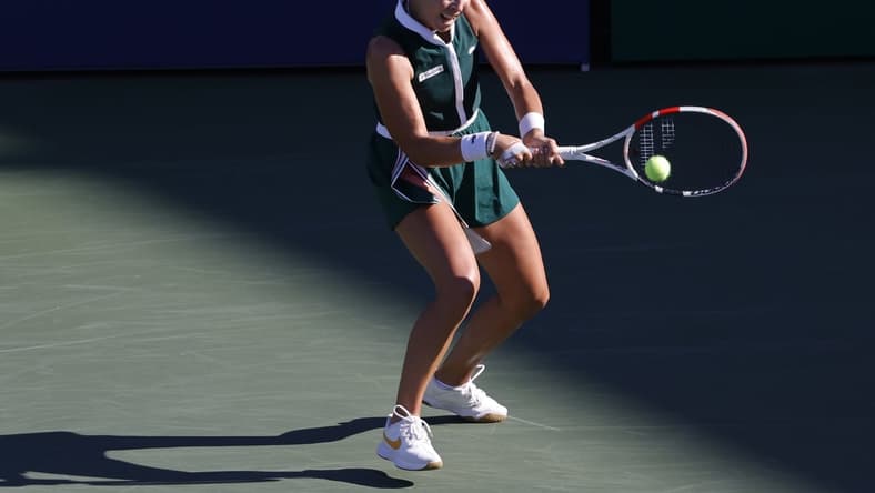 Sep 4, 2021; Flushing, NY, USA; Anett Kontaveit of Estonia hits a backhand against Iga Swiatek of Poland (not pictured) on day six of the 2021 U.S. Open tennis tournament at USTA Billie Jean King National Tennis Center. Mandatory Credit: Geoff Burke-USA TODAY Sports