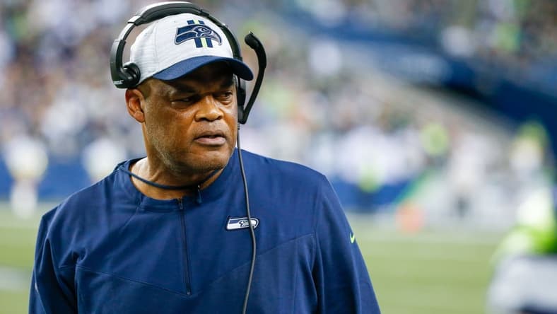 Aug 28, 2021; Seattle, Washington, USA; Seattle Seahawks defensive coordinator Ken Norton, Jr., stands on the sideline during the third quarter against the Los Angeles Chargers at Lumen Field. Mandatory Credit: Joe Nicholson-USA TODAY Sports