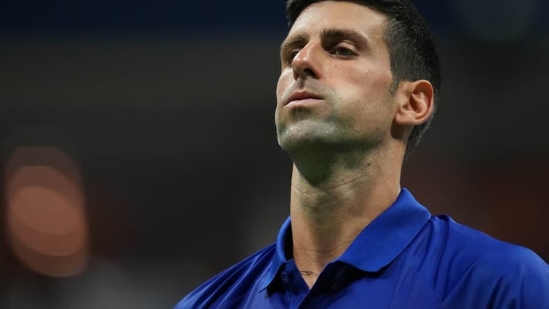 Sep 10, 2021; Flushing, NY, USA; Novak Djokovic of Serbia reacts between points against Alexander Zverev of Germany (not pictured) on day twelve of the 2021 U.S. Open tennis tournament at USTA Billie Jean King National Tennis Center. Mandatory Credit: Danielle Parhizkaran-USA TODAY Sports