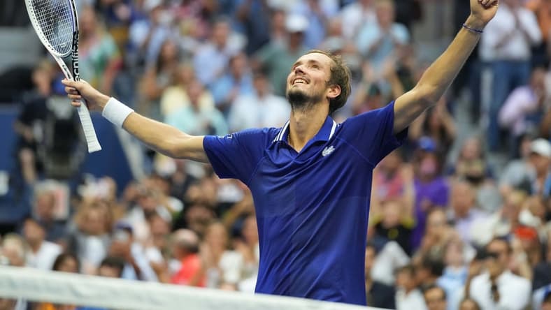 Sep 12, 2021; Flushing, NY, USA; Daniil Medvedev of Russia celebrates after his match against Novak Djokovic of Serbia (not pictured) in the men's singles final on day fourteen of the 2021 U.S. Open tennis tournament at USTA Billie Jean King National Tennis Center. Mandatory Credit: Danielle Parhizkaran-USA TODAY Sports
